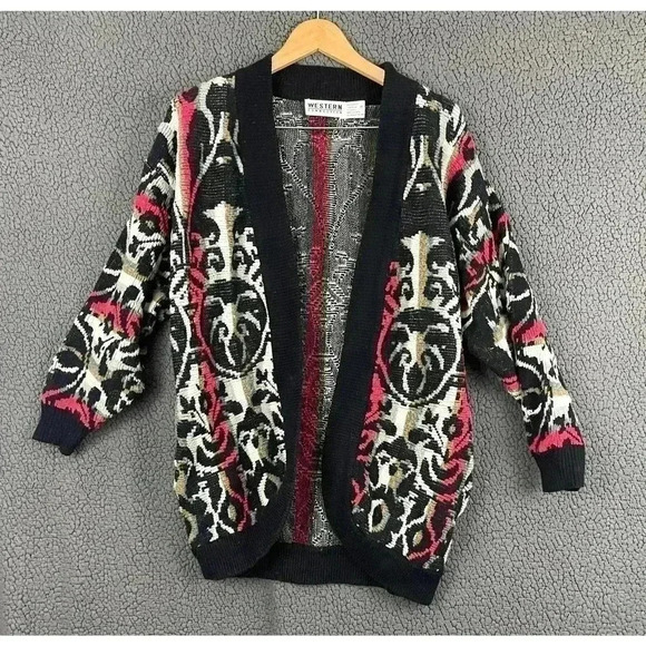 VTG Western Connection Women's Black Red Sweater MEDIUM Acrylic Pockets - Picture 9 of 9